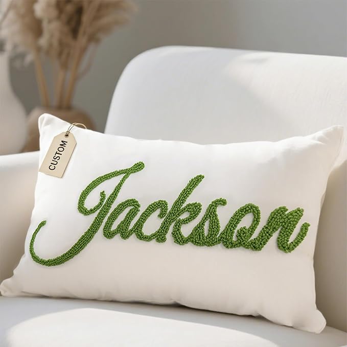 Personalized Embroidered Name Lumbar Pillow，Custom Monogram Throw Accent Handmade Pillows Cover，Customizable 12x20 Decorative Couch Bed Room Pillow Case Gifts for Kids Boy Girls