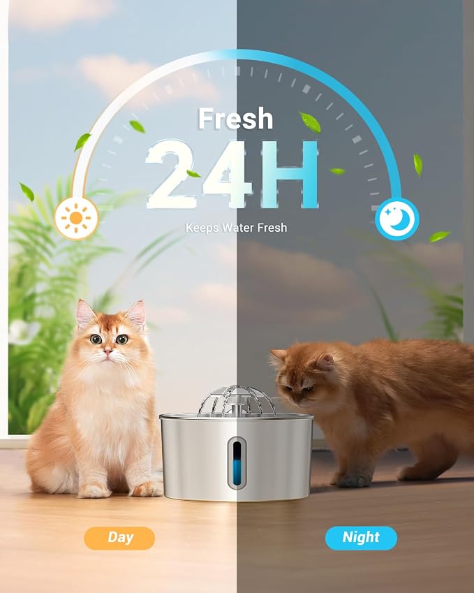 Stainless Steel Cat Water Fountain - 108oz/3.2l Metal Pet Water Bowl Dispenser with Quiet Pump - Automatic Water Fountains for Dog/Cats Drinking - Pets Waterer Indoor with Replacement Filters