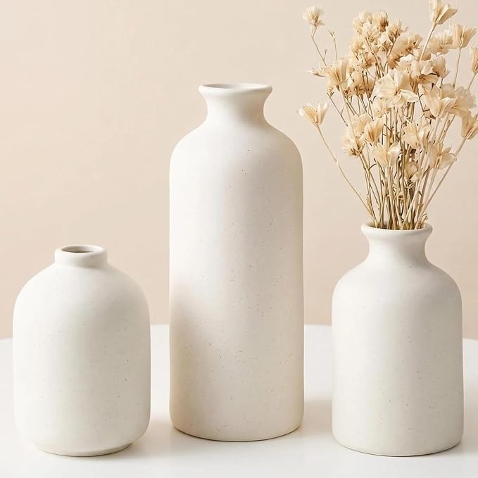 Small Ceramic Vase Set of 3,Modern Boho Farmhouse Flowers Vases | Decorative Vase for Dried Flowers,Pampas Grass,Home Decor,Shelf,Bathroom,Centerpiece for Entryway Table Distressed