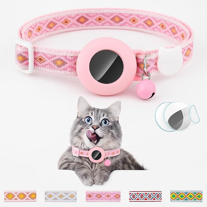 Cat Collar with AirTag Holder – Breakaway Lightweight Woven Cat Collar, Adjustable with Bell for Cats & Kittens (Midnight Rose Set) | Amazegoods