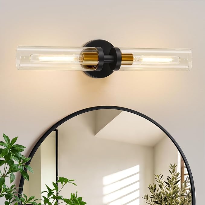Indoi Black and Gold Wall Sconce, Hardwired Bathroom Sconces Wall Lighting with Clear Glass, Modern Sconces Wall Light fixtures for Bathroom Mirror Living Room Hallway Bedroom