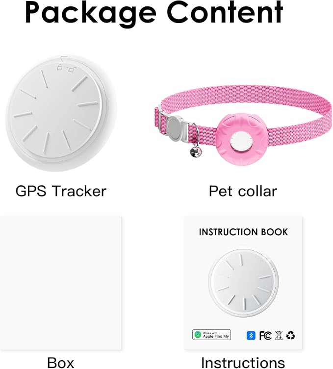 GPS Tracker for Cats, Cat Tracker with Real-Time Location, Pet Tracker with Cat Collar, Compatible with Apple Find My App (Only iOS), No Monthly Fee, Waterproof, Pink