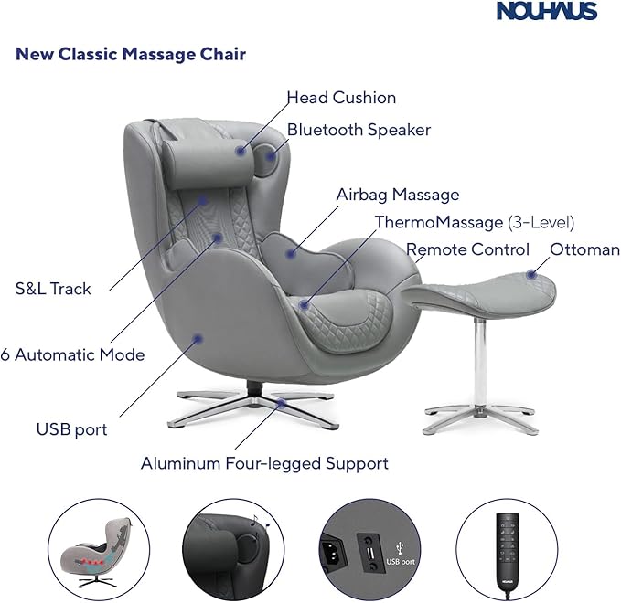 Nouhaus Heated Classic Massage Chair with Ottoman – Full Body & Spot Shiatsu Massager, Recliner with Bluetooth Speaker & in-Chair Charger – Portable & Ergonomic Design