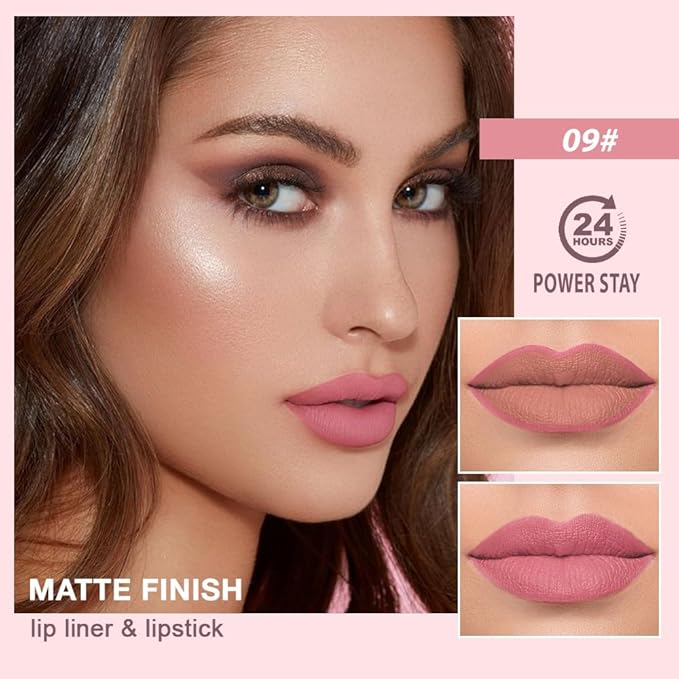 2 in 1 Matte Lipstick Lip Liner Pencil Set,Pink Waterproof Lip Stick Lip liner Combo for Old Women Long Lasting Lipstick Crayon,labiales mate 24 horas originales