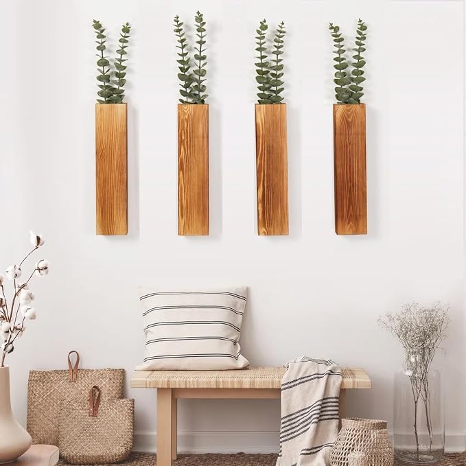 4 Pack Wood Wall Planters with 8 Faux Eucalyptus Stems for Wall Decor