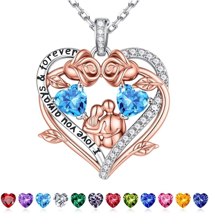 Iefil Valentines Gifts for Her Wife - 925 Sterling Silver Double Heart Birthstone Necklace, Anniversary Birthday Gifts for Women Wife Girlfriend