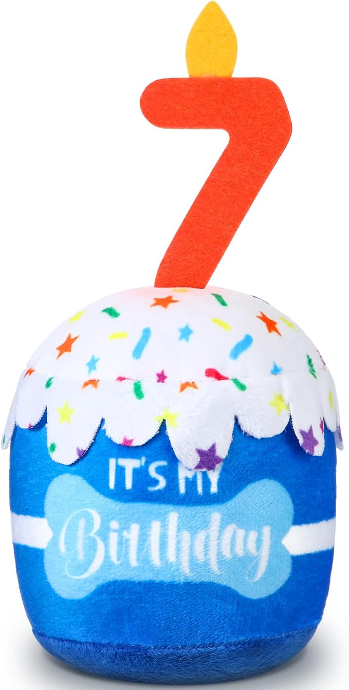 Dansydaisy Dog Birthday Cake Toy Squeaky Plush Gift,7th,Blue