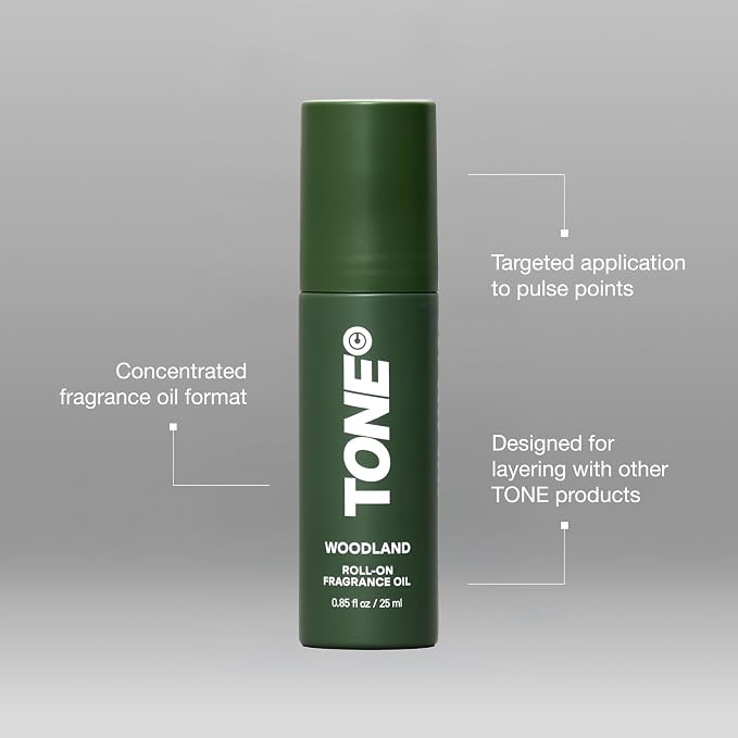 TONE Roll-on Fragrance Oil for Men, Woodland, Fragrance Oil with Notes of Vanilla, Cedar, and Cypress, 0.85 fl oz