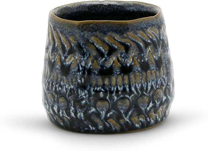 WGV Ceramic Vase, Width 3.5", Height 3", Dark Blue Kano Pot, Textured Antique Pattern Planter Dome for Wedding Event Office Home Decor, 1 Piece