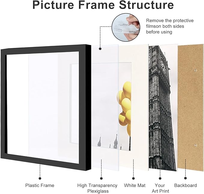 10x10 Picture Frame Set of 9, Display Pictures 8x8 with Mat or 10x10 without Mat, Multi Collage Gallery Square Photo Frames for Wall or Tabletop,Black