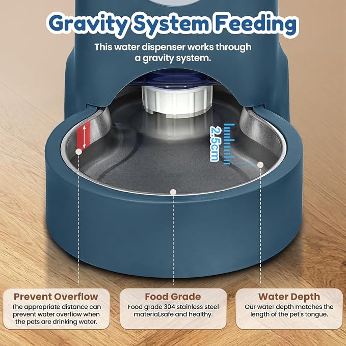 1 Gallon Automatic Cat Feeder Gravity Stainless Steel Water Dispenser Dog Feeder for Small Medium Puppy Kitten Pets Water Feeding Bowls, Dark Navy