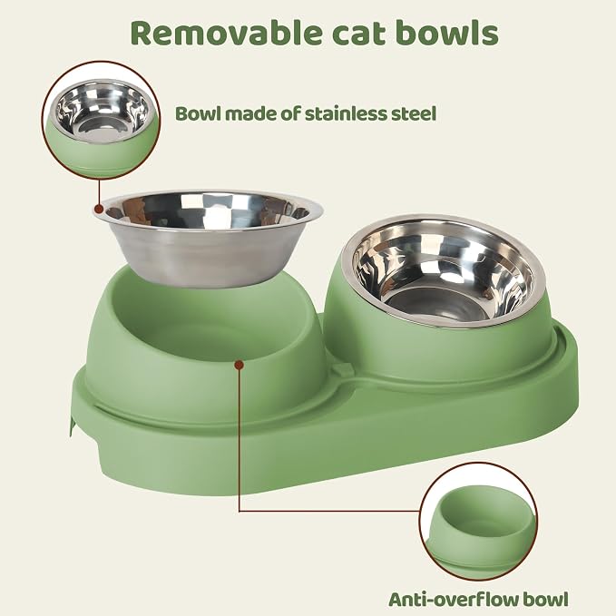 Cat Feeder and Water Dispenser, Cat Feeder with Stainless Steel Bowls, Pet Food Dispenser for Cats and Small Dogs, Easy to Clean(Green)