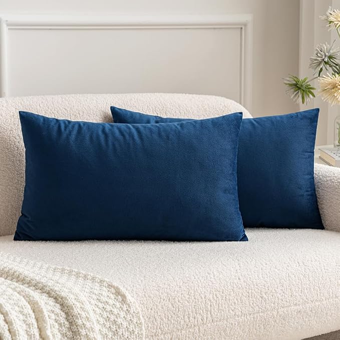 MIULEE 12x20 Inch Lumbar Velvet Throw Pillow Covers Dark Blue | Pack of 2 Soft Solid Decorative Pillow Covers, Modern Luxury Home Decor, for Chair Couch Sofa Bedroom Livingroom