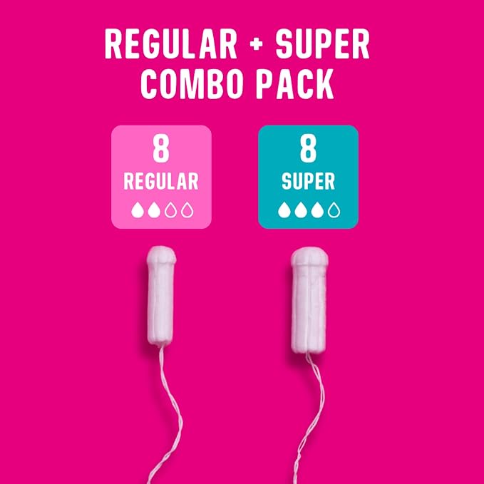 Flo - Organic Cotton Tampons for Women - 16 Pack (8 Regular, 8 Super) - Leak Proof - No Synthetic Fibers, Chlorine Bleach, or Added Dyes - Non-Applicator - Feminine Care - Vegan & Cruelty Free