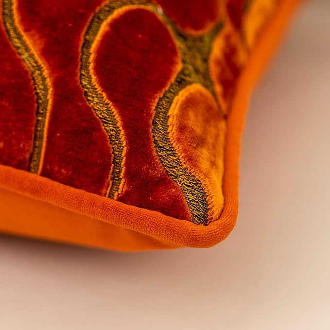 Orange Square Throw Pillow Cover Wavy Velvet Cushion Cover Modern Zippered Pillowcase for Sofa Couch Bedroom Living Room Chair, 18 x 18 Inch