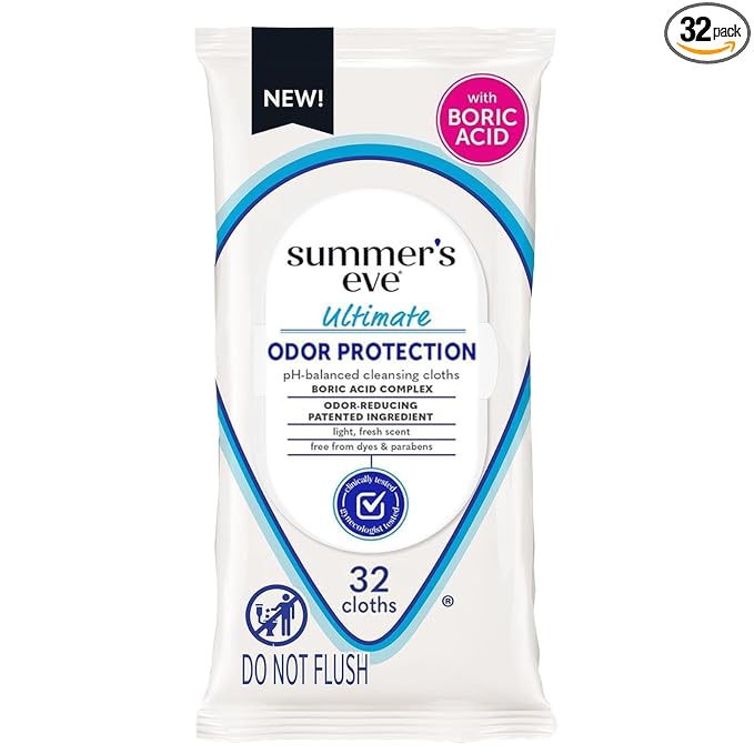 Summer's Eve Ultimate Odor Protection Daily Feminine Wipes, Gentle pH-Balanced Formula with Boric Acid Cleanses & Removes Vaginal Odor, Resealable Pack, 32 Body Wipes