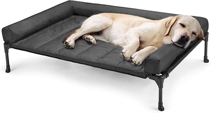 Veehoo Outdoor Elevated Dog Bed with Waterproof Bolster Cushion, Cooling | Raised Dog Bed with Removable & Washable Mat Topper, Breathable Mesh, Dog Couch Cot for Indoor Outdoor, 42", Large, Black