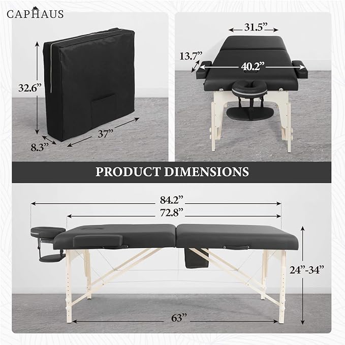 CAPHAUS Premium Memory Foam Massage Table, 84 Inch Foldable & Portable, Height Adjustable Spa Bed, Facial Cradle Salon Bed, Wooden Legs & Carry Case, 32 Inch Wide, Black