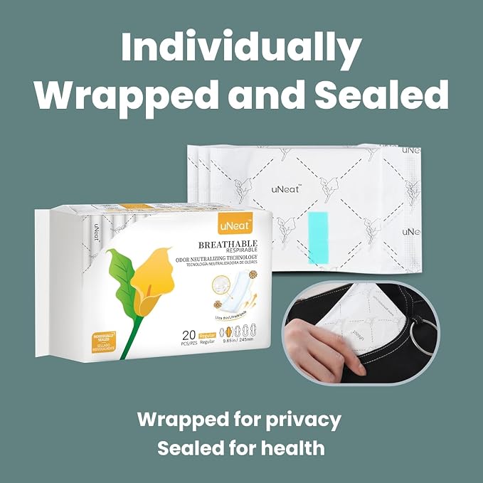 uNeat Ultra Thin Pads with Wings for Women, Sanitary Napkins for Teen and Tweens, Regular Absorbency, Unscented, Eliminates Odor (Regular, Size 2, 80 Count)