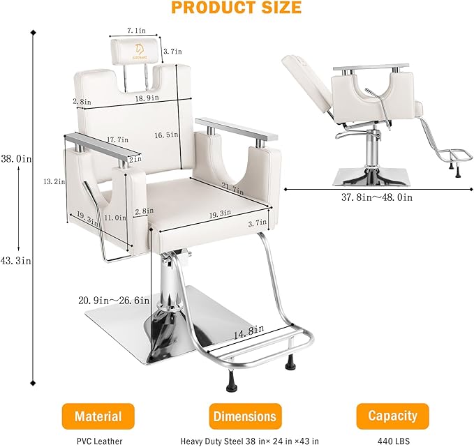 Heavy Duty Barber Chair, 360° Swivel Reclining Salon Chair for Hair Stylist, Height Adjustable Hydraulic Hairdressing Chair with Footrest for Barber Shop, Beauty Salon, Hairdressers