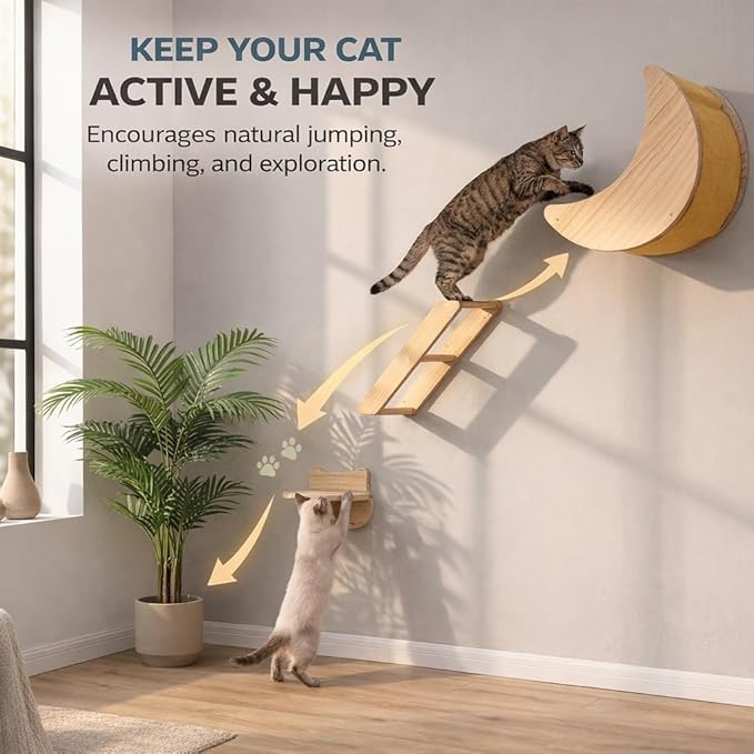 Cat Wall Shelves Set,Solid Wood Moon Bed,Perch & Stair for Climb and Rest | 3-in-1 Wall-Mounted Cat Furniture;16-Inch Stud Wall;Hold Up to 40 lb;Wall & Corner Setup;Vertical Territory & Active Exercise