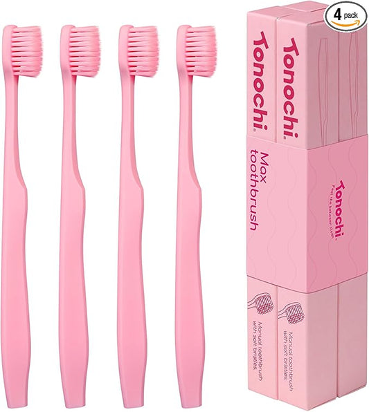 Tonochi Max Extra-Soft Toothbrush for Adults Sensitive Gums – Gentle Bristles, Wide Angled Head for Back Teeth, Ergonomic Non-Slip Grip, BPA-Free Handle, Individually Wrapped, 4-Pack(Pink)