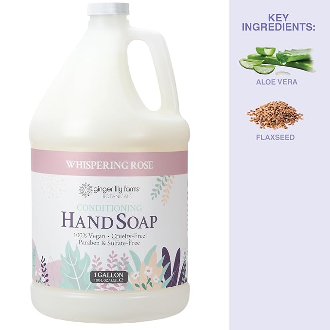 Ginger Lily Farms Botanicals Conditioning Liquid Hand Soap Refill, 100% Vegan & Cruelty-Free, Whispering Rose Scent, 1 Gallon (Pack of 4)