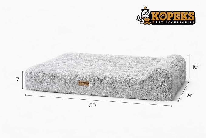 Orthopedic Memory Foam Dog Bed 7" Inch Thick Extra Large Dog Bed with Pillow Fluffy Grey 50"x34"x10" Includes Waterproof Liner & Durable Removable Cover with Smart Design