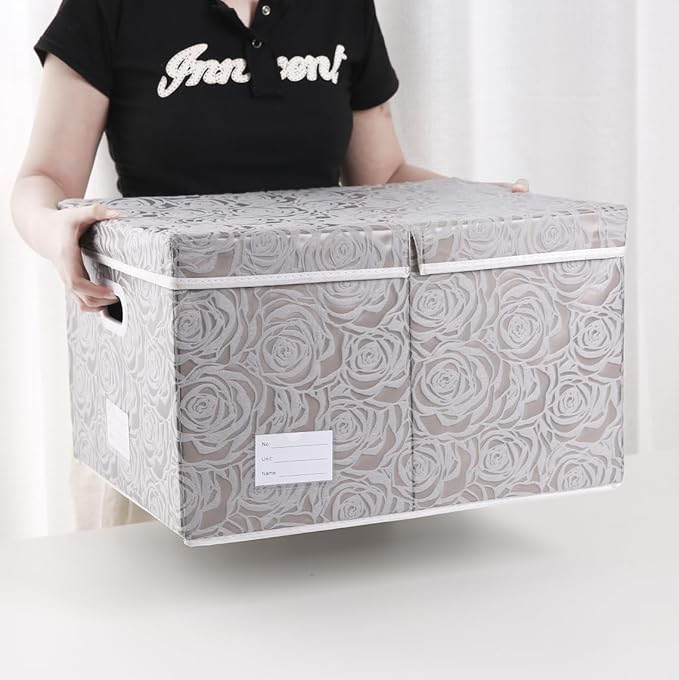Extra Large Collapsible Storage Boxes with Lids Fabric Decorative Storage Bins Cubes Organizer Baskets with Cover Handles Divider for Bedroom Closet Living Room 19.6x15.7x11.8 Inch 3 Pack