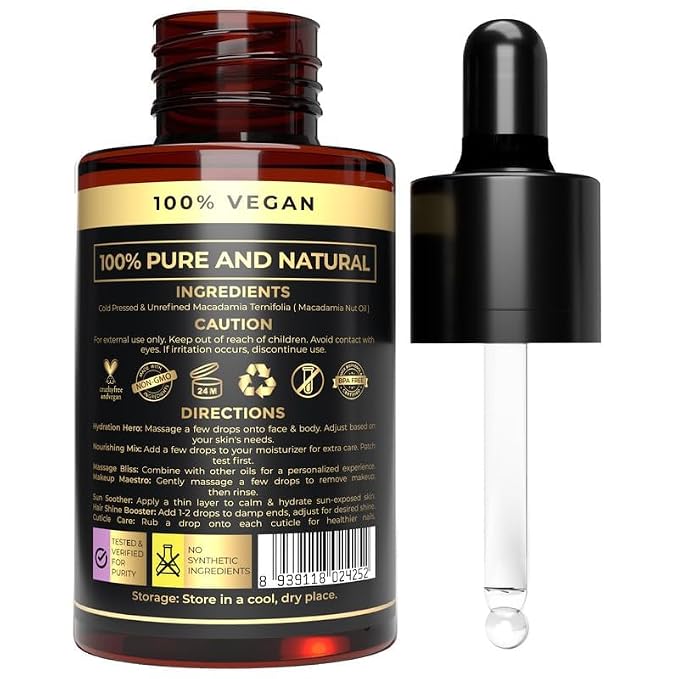 100% Plant Based Macadamia Hair Oil with Dropper | Perfect Macadamia Oil for Soft Skin, Strong Hair, Scalp Massage, Face Moisturizer & Body Massage | Sulfate & Paraben Free