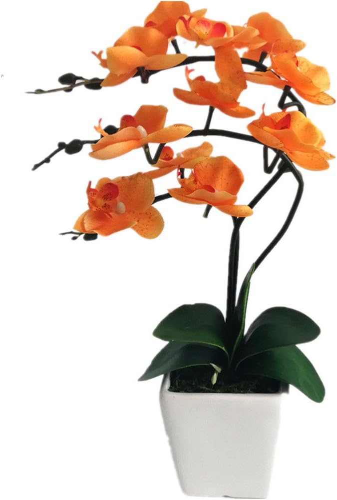 15" Silk Phalaenopsis Orchid in Square Pot, Orange Flower Plant Arrangement | Lifelike Faux Potted Blooms with Moss in a Ceramic Planter. Looks Real, Zero Upkeep, Ideal Centerpiece for Any Table