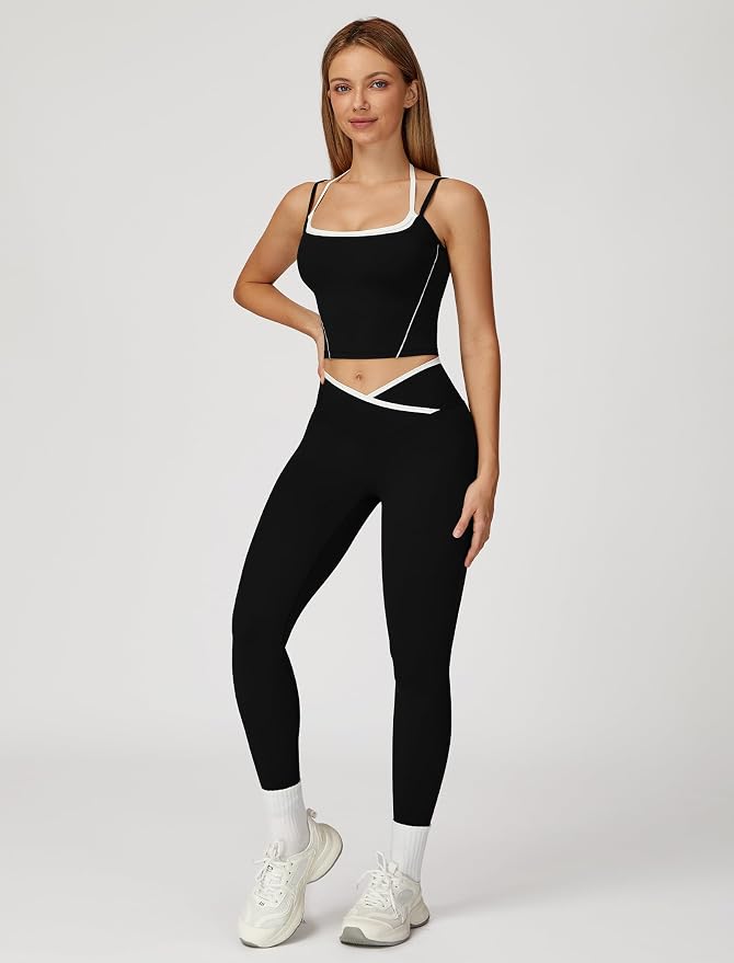 ABOCIW Workout Sets for Women 2 Piece Color Block Strappy Sports Bra High Waist Shorts Gym Yoga Pilates Outfits