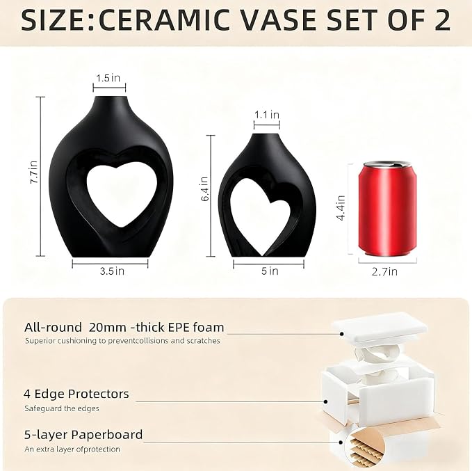 Black Ceramic Flower Vases Home Decor Heart Shaped Vase Set of 2 | Nordic Heart Shaped Vases Minimalist Decorative Vase for Table Centerpiece Wedding Dining Living Room Office House Decoration