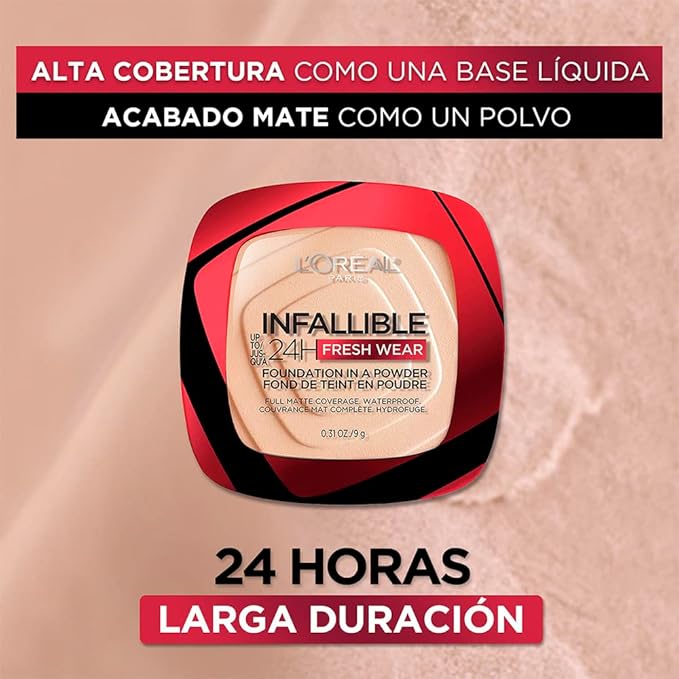 L'Oreal Paris Makeup Infallible Fresh Wear Foundation in a Powder, Up to 24H Wear, Waterproof, Linen, 0.31 oz. (Packaging May Vary)