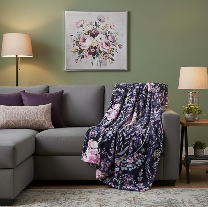 Floral Fleece Throw Blanket: Flowers Velvety Soft Vibrant Botanical Accent for Couch or Bed, Colors: Dark Navy Blue Pink Purple Yellow Green White, Oversized 50" x 70"