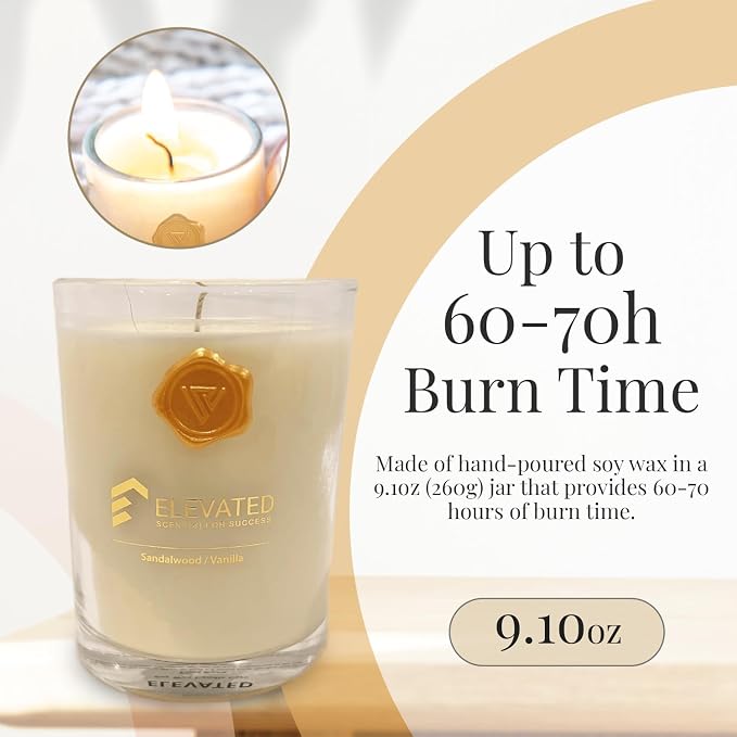 Elevated Scent[d] for Success Vanilla Sandalwood Candle | Long Lasting Candles for Aromatherapy | 9.1oz Large Candle Jar with Up to 70 Hours Burn Time