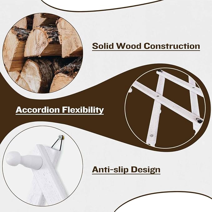 SCUNDA Accordion Wall Hanger with 20 Hooks, Wooden Wall Expandable Coat Rack for Coat, Hats, Baseball Caps, Coffee Mug, Jewelry(Ruist White)