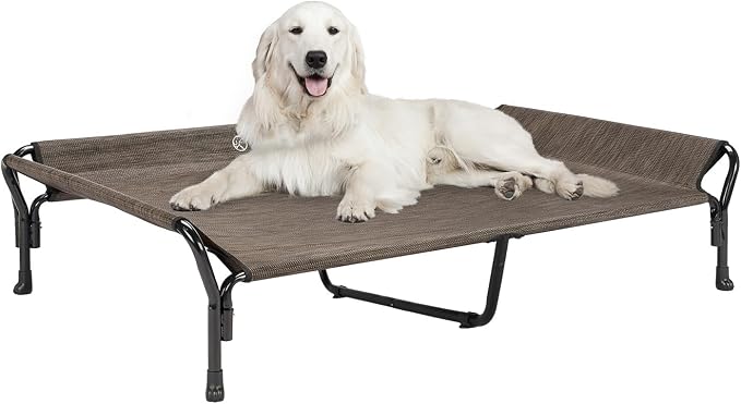 Veehoo Cooling Elevated Dog Bed, Raised Dog Cot with Guardrail & Headrest | Washable Dog Couch Bed for Indoor & Outdoor, Durable Breathable Teslin Mesh, Non-Slip Feet, 51" x 34", XLarge, Brown