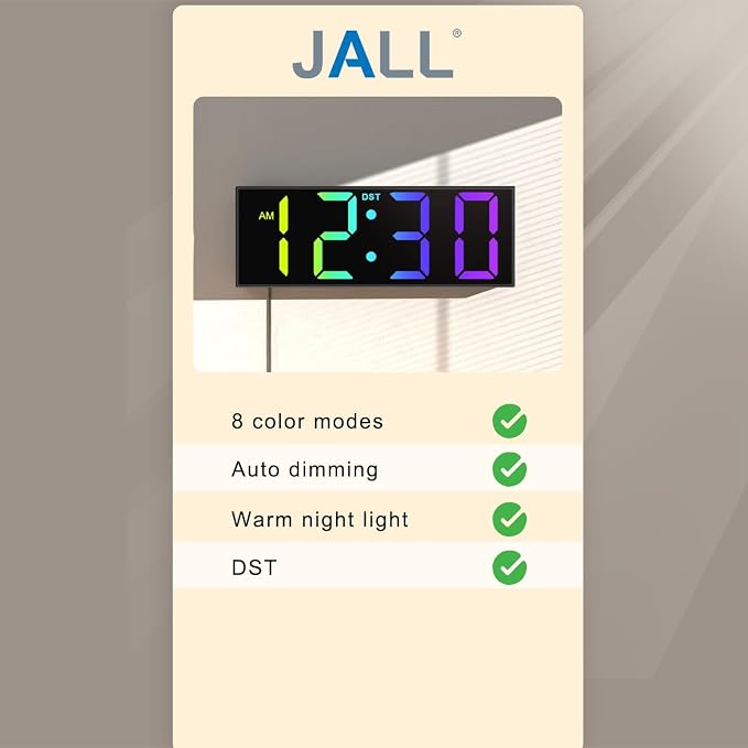 JALL Digital Wall Clock Large Display with Big LED Numbers, Remote Control, 8 RGB Colors, Auto DST, Night Light for Classroom Living Room Bedroom Birthday Gift for Senior(A White Shell, 12 inches)