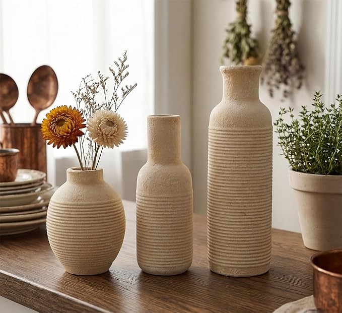 Rustic Farmhouse Vase Set of 3 - Ceramic Decorative Vases Home Decor - Pampas Grass Dried Fresh Flowers - for Centerpiece, Table, Mantel Entryway, Kitchen, Bedroom (White2)