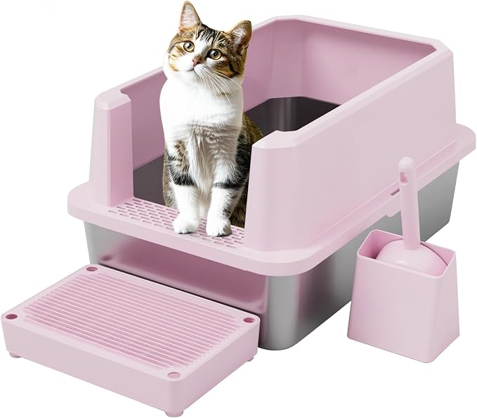 RIZZARI Stainless Semi-Closed Litter Box: High-Sided Open for Large Cats | 304 Stainless Bottom / 6.5" High Splash Guard / Low Front Entry / Spacious for Large Breeds / 30-Second Tool-Free Assembly