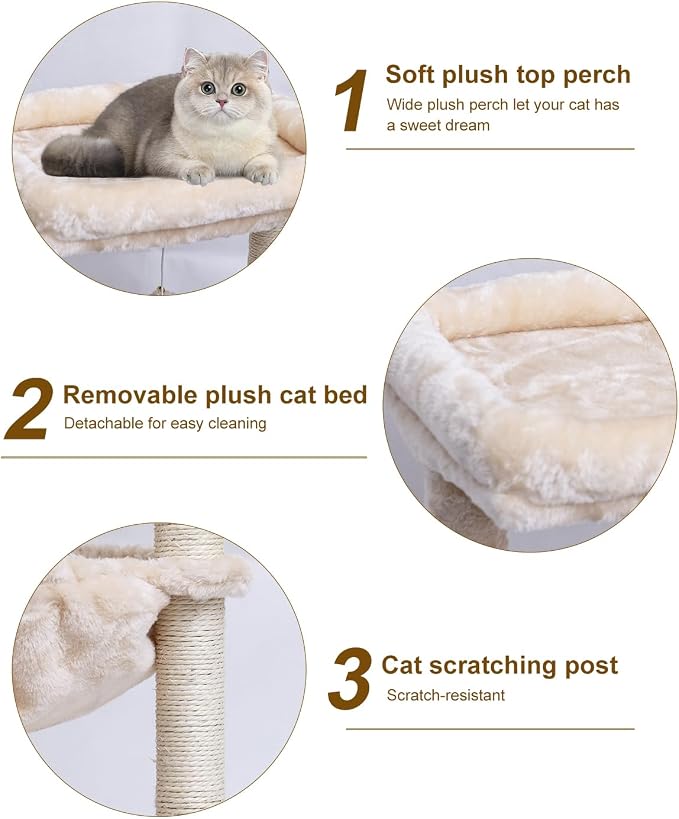 SYANDLVY Small Cat Tree for Indoor Cats, Activity Cat Tower with Scratching Post for Kittens, Cat Furniture with Basket & Hanging Ball for Play Rest, Beige | Scratching Post, Cat Furniture with Basket & Hanging Ball for Play Rest, Beige