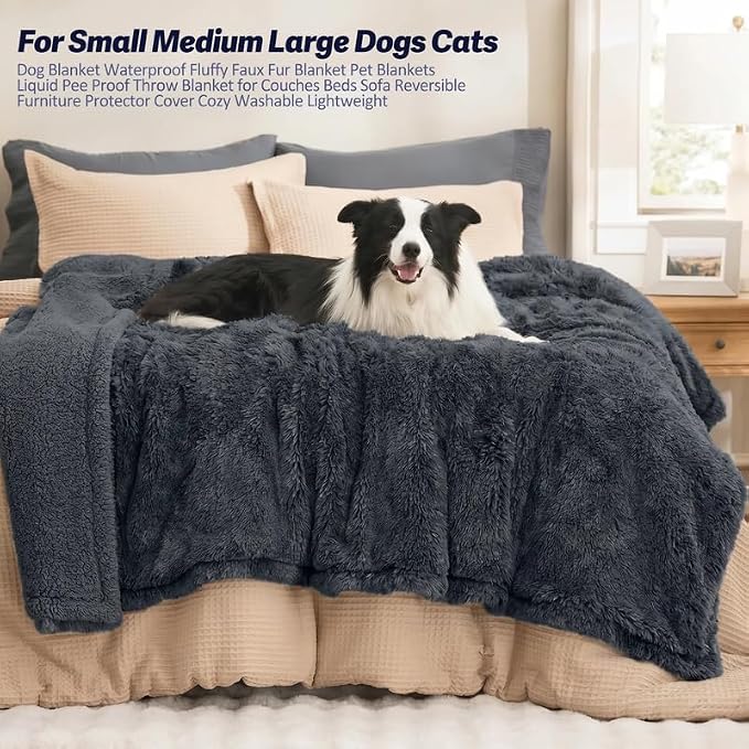 Waterproof Dog Blanket Pet Throw Blankets Fluffy Long Faux Fur Reversible Puppy Blankets 85x57in Furniture Protector Cover for Sofa Bed Couch Bed Cover Washable for Dogs Cats (Black XL)