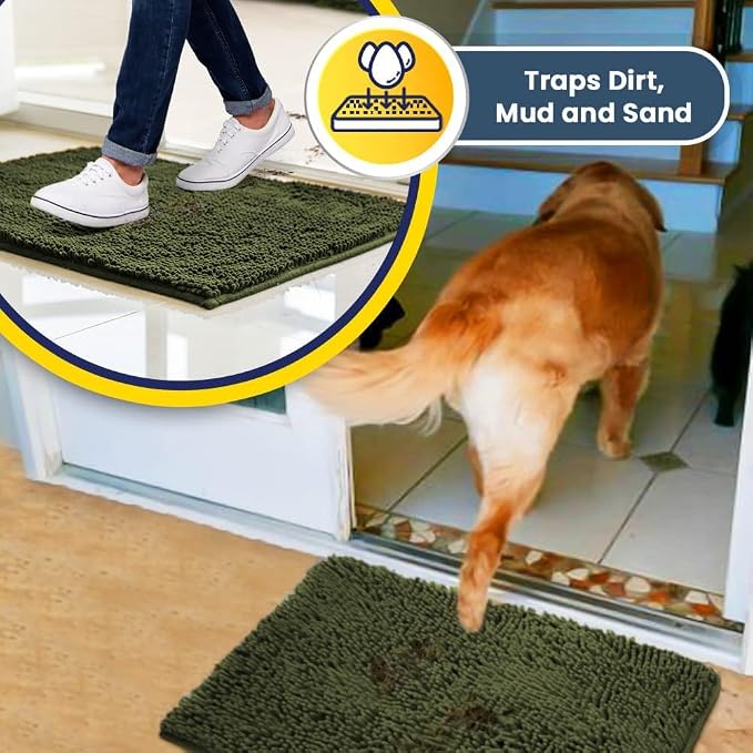 Muddy Mat® | Super Water Absorbent Door Mat Indoor, Microfiber Quick Dry Chenille Entryway Rug, Slip Resistant Front Door Mat, Indoor Mats for Entryway, Machine Washable Pet Rug, Army Green 32" x 44"