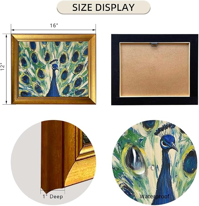Gold Framed Wall Art Vintage Peacock Canvas Print Colorful Peacock Oil Painting Bird Boho Artworks for Bedroom Living Room Bathroom Decor