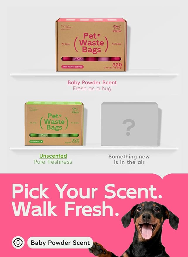 Dog Poop Bags Refill Rolls, 320 Bags, Pink | Baby Powder Scented, Extra Thick, 60% Recycled Plastic, Easy-Peel Sticker, 16 Bags Per Roll, Dual Pink Designs