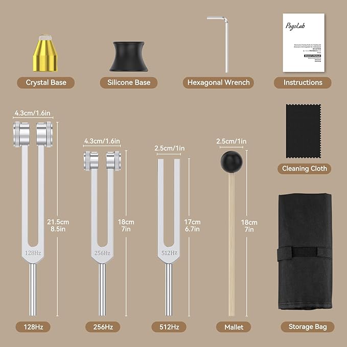 Tuning Forks for Healing Set (128Hz, 256Hz, 512Hz), with Percussion Hammer Mallet, Crystal Base & Storage Pouch, Sound Therapy Instrument for Chakra/Yoga/Meditation