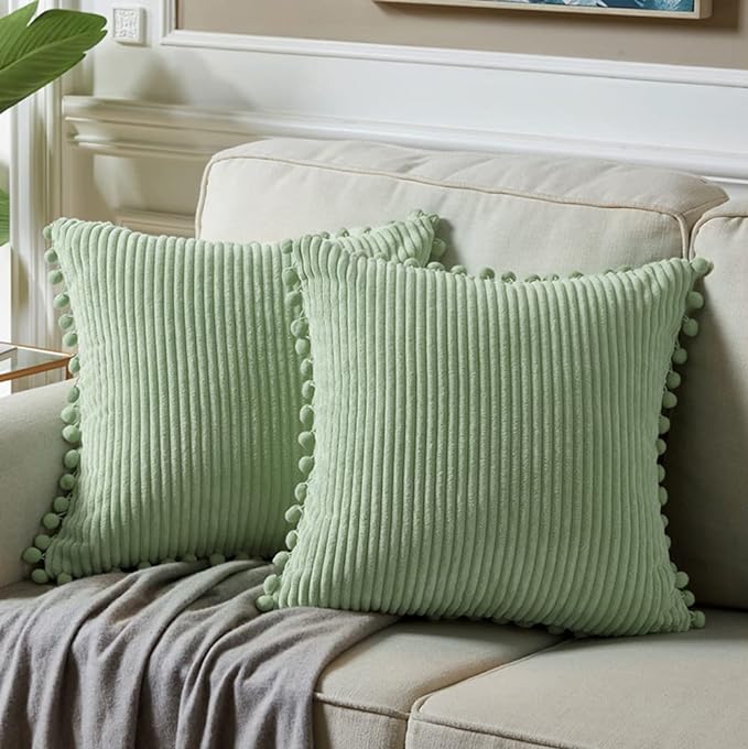 Fancy Homi Pack of 2 Sage Green Decorative Throw Pillow Covers with Pom-poms, Soft Corduroy Solid Square Cushion Cases Set for Couch Sofa Bedroom Car Living Room (20x20 Inch/50x50 cm, Sage Green)