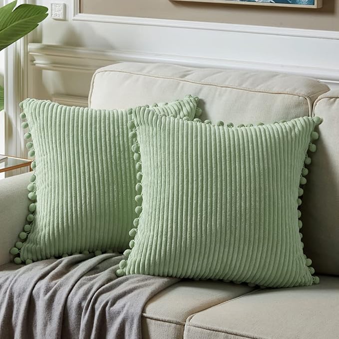 Fancy Homi Pack of 2 Sage Green Decorative Throw Pillow Covers 24x24 Inch with Pom-poms, Soft Corduroy Solid Square Cushion Covers for Couch Sofa Bedroom Car Living Room 60x60 cm