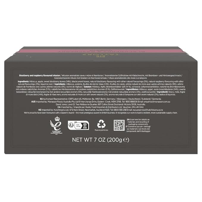 Taylors of Harrogate Blackberry & Raspberry, Herbal Tea, Individually Wrapped Bags, 100 Count (Pack of 1), Sweet, Tart & Tangy, Caffeine-Free, Enjoy Hot or Iced, 100 Teabags